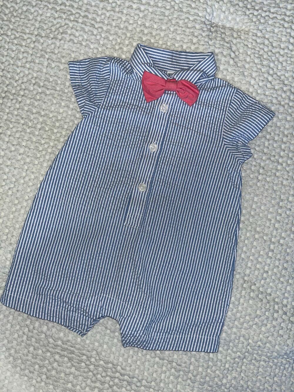 Nursery Rhyme Baby Boy 9-12 Mon Formal Onesie Stripes and Bow Tie Blue White